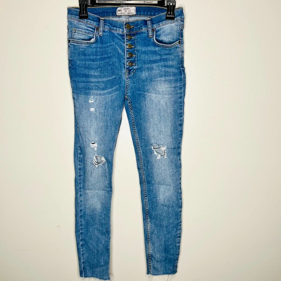 Free People Raegan Jeans Button Fly 28 Distressed Raw Hem Skinny Ankle High Rise - Picture 2 of 8